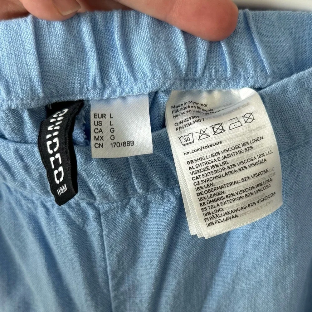 H&M Women’s Low Rise Light Blue Elastic Linen Pull On Pants Size Large